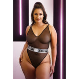 Fantasy Lingerie Fuck Off Mesh Playsuit Queen Size model showcasing cheeky sheer design and bold waistband.