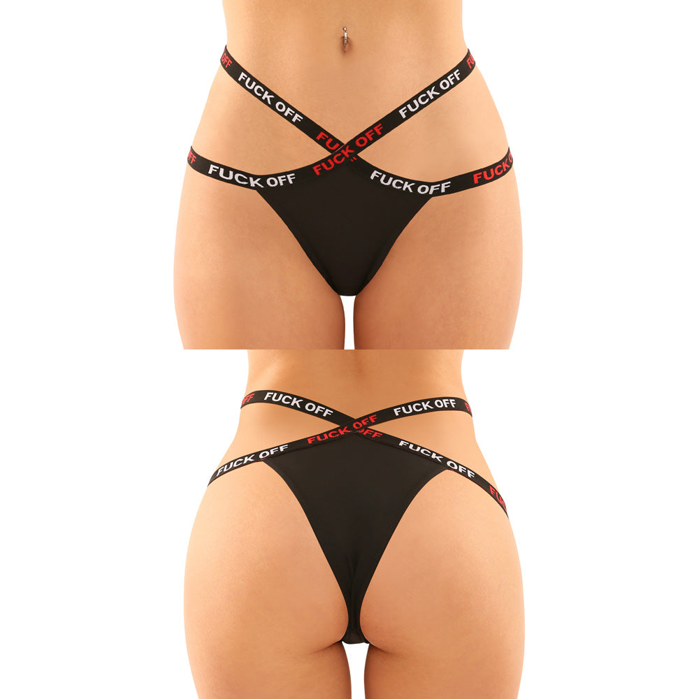 Fantasy Lingerie Fuck Off Buddy Pack 2 Piece Panty Set showing front and back views of cutout lace panty with bold elastic detailing.