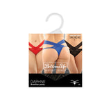 Fantasy Lingerie Daphne Brazilian Cut Panty Red L XL packaging displaying red, blue, and black Brazilian panties.