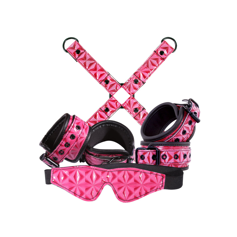 Sinful Neoprene-Lined Bondage Restraint Kit Pink, featuring elegant pink restraints and a sleek eye mask for BDSM play.