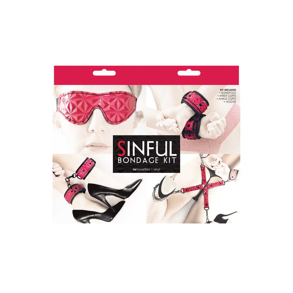 Sinful Neoprene-Lined Bondage Restraint Kit Pink packaging featuring restraints, blindfold, and accessories.