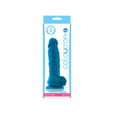Colours Coloursoft 5 Inch Silicone Dildo Blue in packaging, showcasing lifelike details and vibrant blue color.