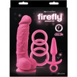 NS Novelties Firefly Glow in the Dark Pleasure Kit Pink featuring a dildo, cock rings, and pleasure plug.