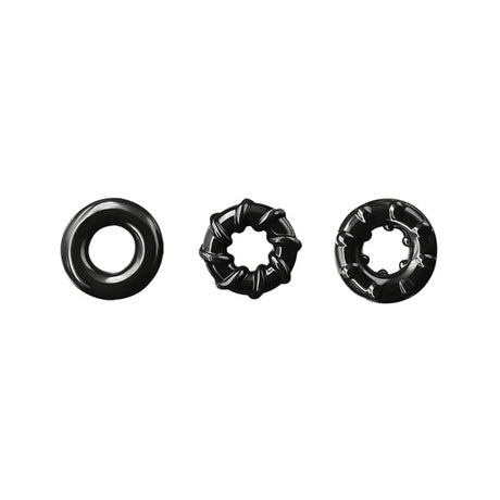 Renegade Dyno Rings Stretchable Cock Ring Set Black featuring three black TPE rings designed for a secure fit.