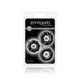 Renegade Dyno Rings Stretchable Cock Ring Set Black packaging featuring three stretchy rings for enhanced performance.