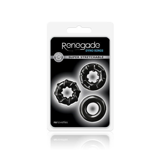 Renegade Dyno Rings Stretchable Cock Ring Set Black packaging featuring three stretchy rings for enhanced performance.