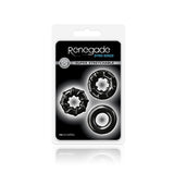 Renegade Dyno Rings Stretchable Cock Ring Set Black packaging featuring three stretchy rings for enhanced performance.