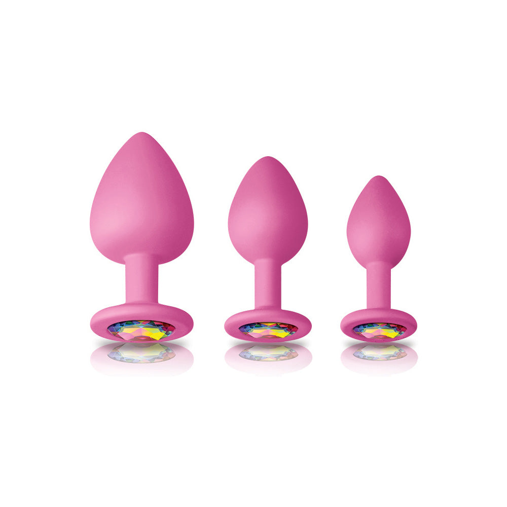 Ns Novelties Glams Spades Anal Trainer Kit Pink - three pink silicone plugs with jeweled bases.