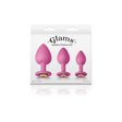 Ns Novelties Glams Spades Anal Trainer Kit Pink three silicone plugs packaging with jeweled bases.