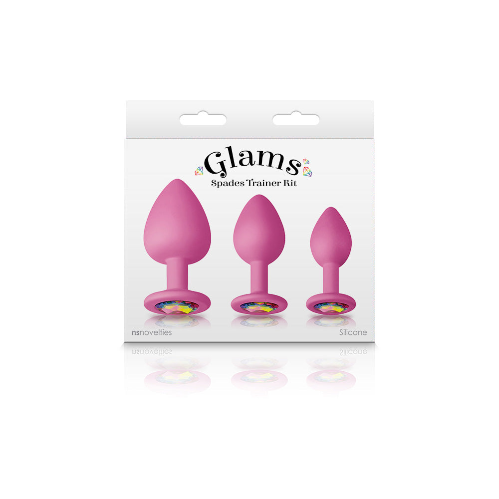 Ns Novelties Glams Spades Anal Trainer Kit Pink three silicone plugs packaging with jeweled bases.