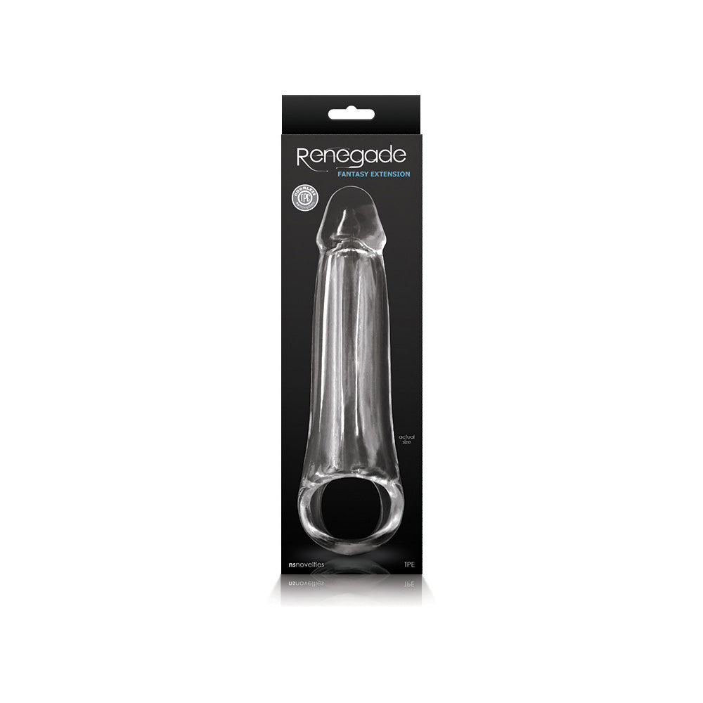 Renegade Fantasy Penis Extension Large Clear packaging showcasing the transparent sleeve for added length and girth.
