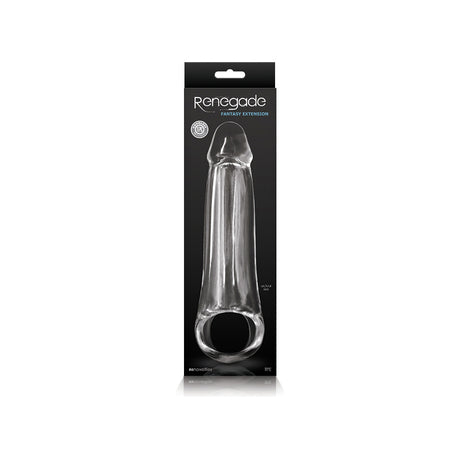 Renegade Fantasy Penis Extension Large Clear packaging showcasing the transparent sleeve for added length and girth.