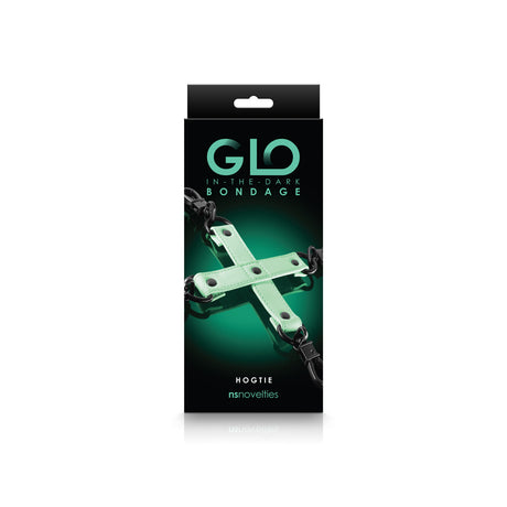 NS Novelties Glo Bondage Hog Tie Green packaging with glow-in-the-dark design for fetish adventures.