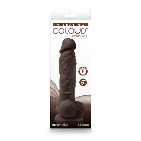Colours Pleasures Vibrating 5 inch Dildo Dark Brown packaging showcasing its realistic design and premium silicone material.