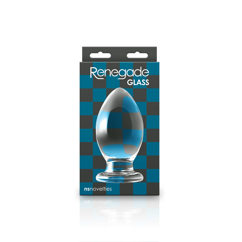 NS Novelties Renegade Bishop Glass Anal Plug Clear in elegant packaging with a checkerboard design.