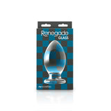 NS Novelties Renegade Bishop Glass Anal Plug Clear in elegant packaging with a checkerboard design.