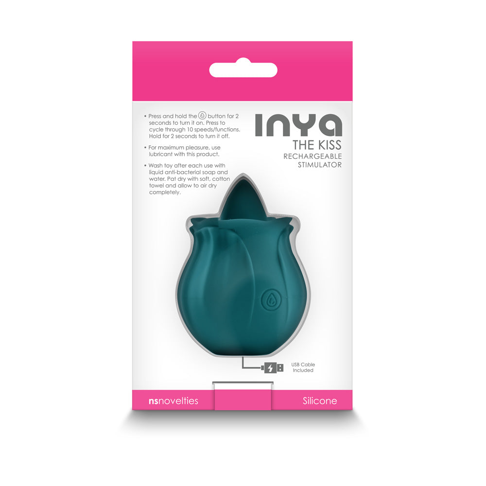 Inya The Kiss Dark Teal Clitoral Tongue Vibrator packaging showcasing its elegant rosebud design.