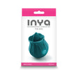 Inya The Kiss Dark Teal Clitoral Tongue Vibrator packaging showcasing rosebud design and rechargeable feature.
