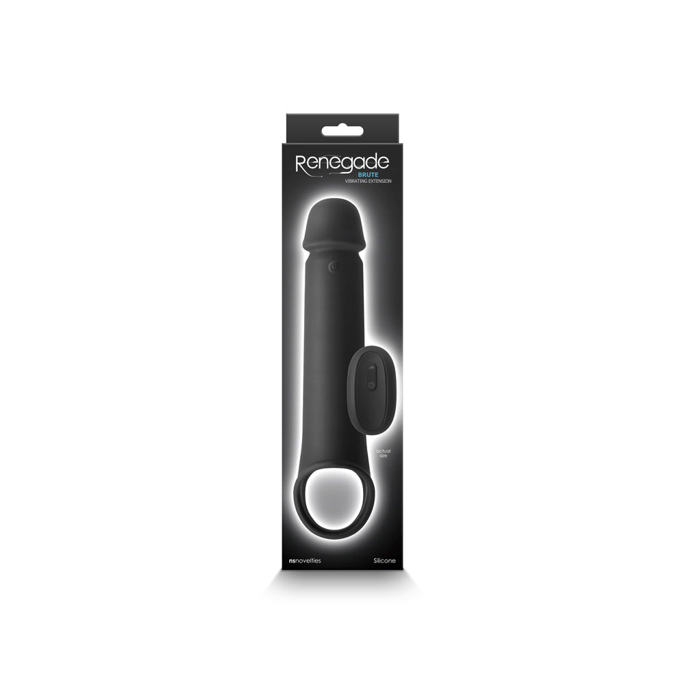 Renegade Brute Vibrating Penis Extension Black packaging showcasing its design and features.