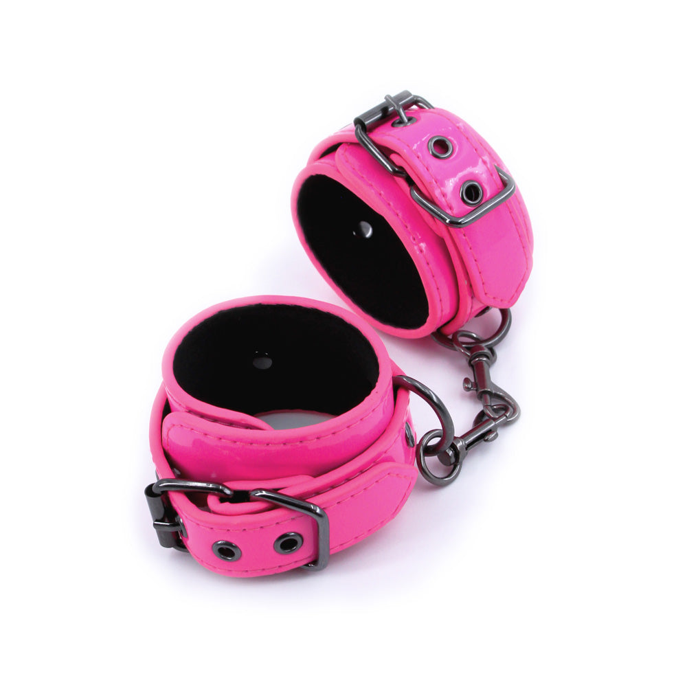 Electra Play Things Wrist Cuffs Pink showcased from multiple angles, emphasizing their sexy design and durable materials.