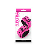 Electra Play Things Wrist Cuffs Pink packaging displaying bold pink cuffs for bondage and restraint play.