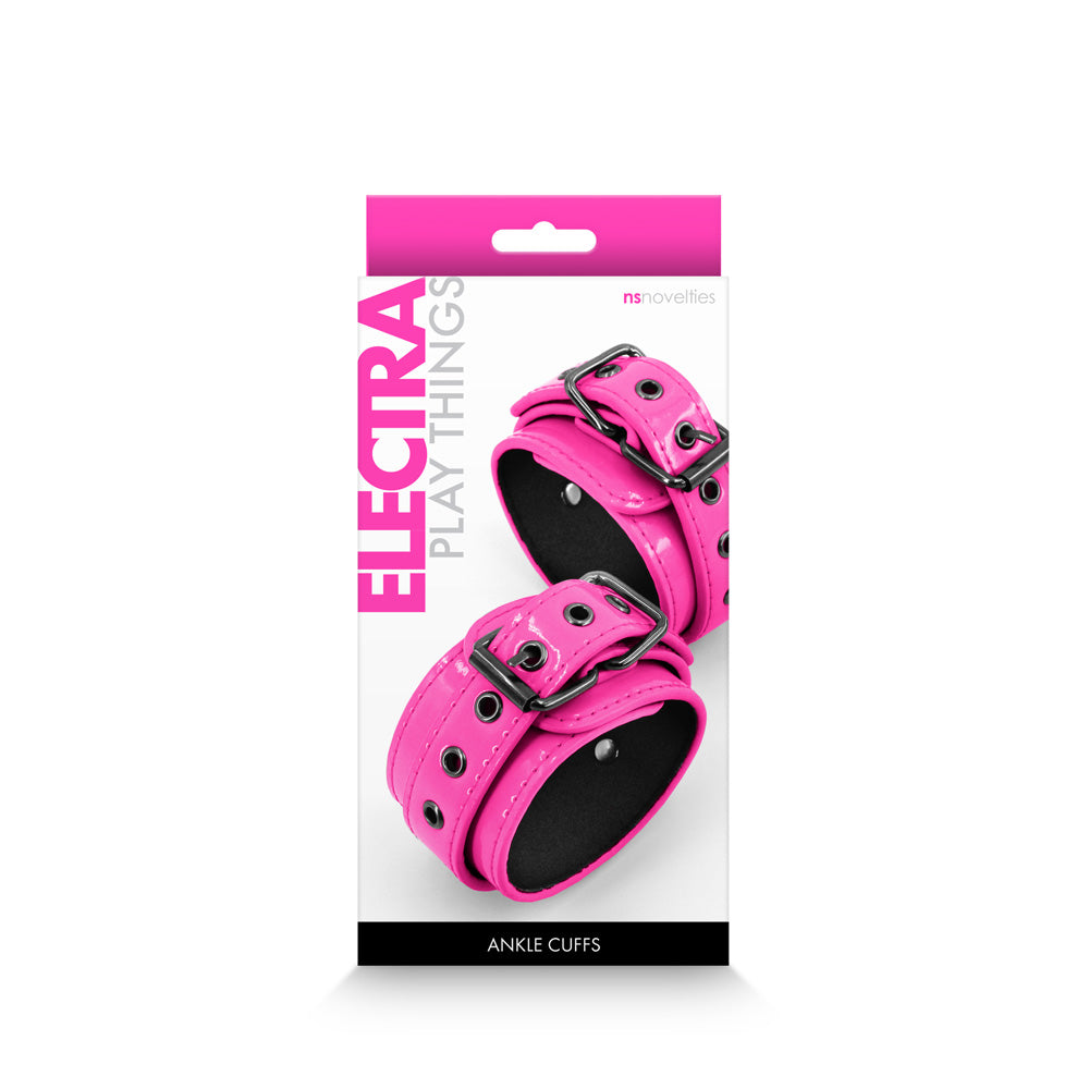 Electra Ankle Cuffs Pink Neoprene Lined Restraints packaging with vibrant pink cuffs showcased.