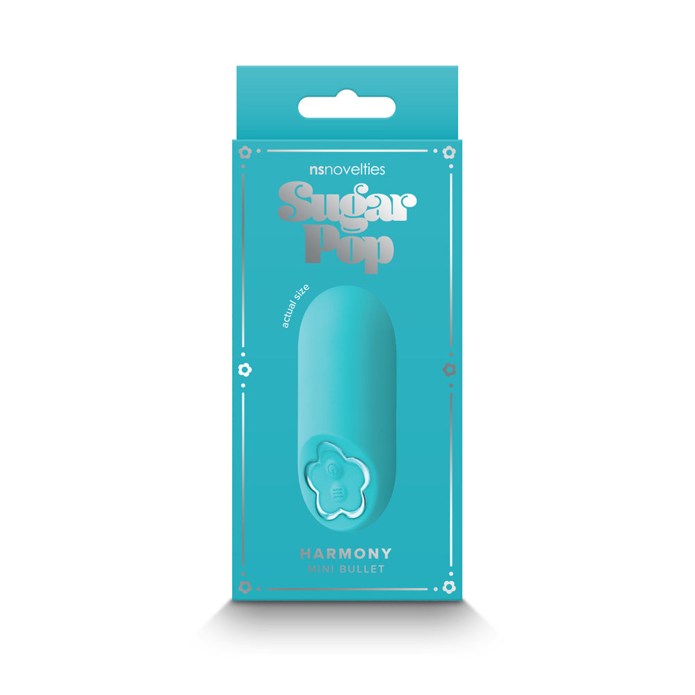 Sugar Pop Harmony Rechargeable Mini Vibrator Teal in packaging, showcasing its sleek design and vibrant color.