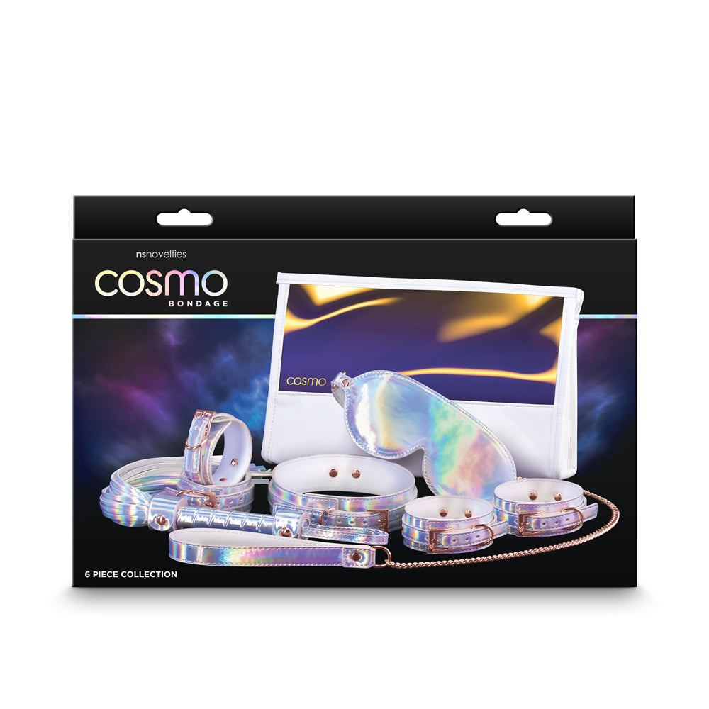 Cosmo Bondage 6 Piece Kit Rainbow featuring holographic restraints and accessories for exploration of dominance and submission.