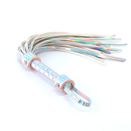 Cosmo Holographic Bondage Flogger Rainbow with shimmering falls and soft grip for sensual impact play.