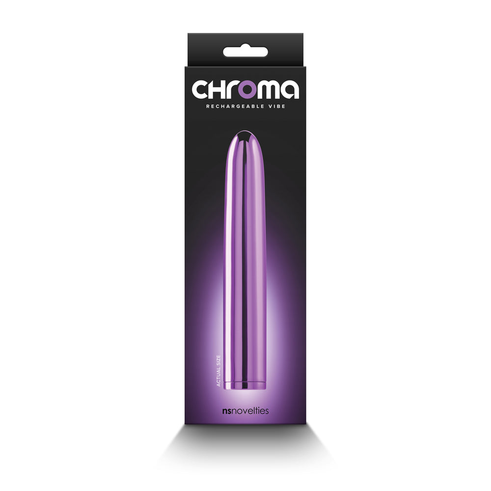 Chroma 7 inch Rechargeable Vibe Purple in sleek packaging, showcasing its elegant design and smooth finish.