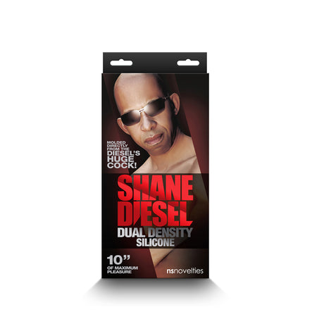 Shane Diesel Dual Density Silicone Dildo Chocolate packaging showcasing lifelike design, emphasizing pleasure and realism.