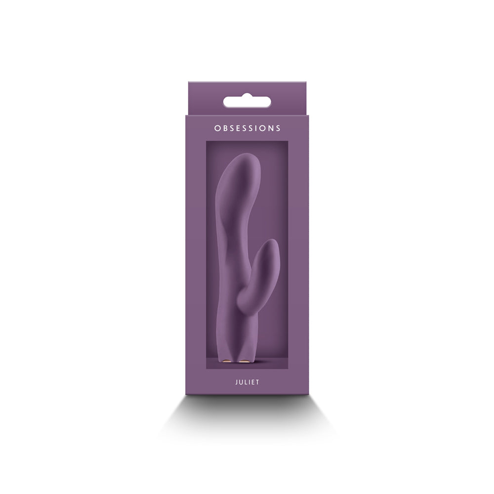 NS Novelties Obsession Juliet Rabbit Vibrator Dark Purple in elegant packaging showcasing its features.