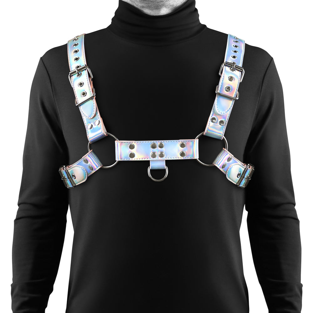 Cosmo Dare S M Vinyl Chest Harness for Men displayed on a model wearing a black turtleneck.