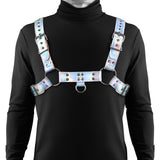 Cosmo Dare S M Vinyl Chest Harness for Men displayed on a model wearing a black turtleneck.