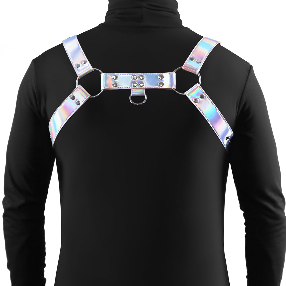 Cosmo Dare S M Vinyl Chest Harness for Men showcased from the back, featuring glossy straps and stylish design.