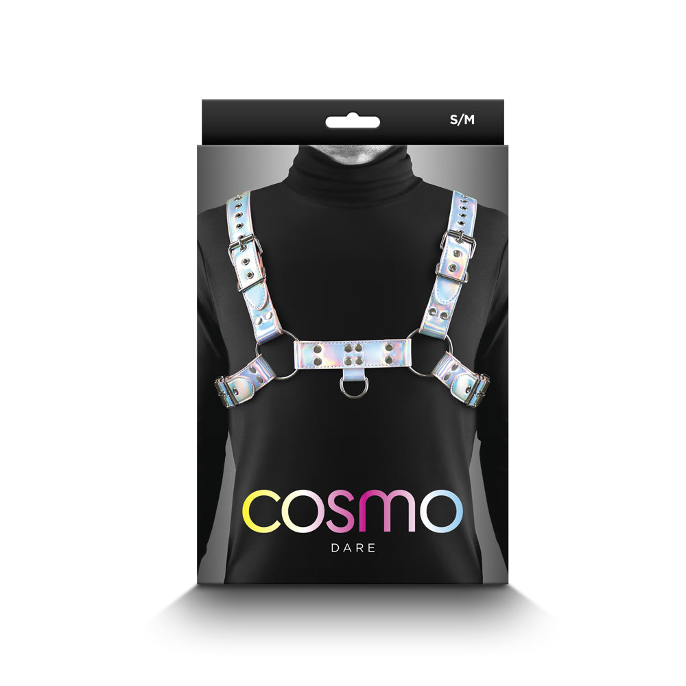 Cosmo Dare S M Vinyl Chest Harness for Men displayed on packaging with vibrant design.