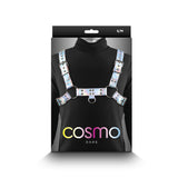 Cosmo Dare S M Vinyl Chest Harness for Men displayed on packaging with vibrant design.