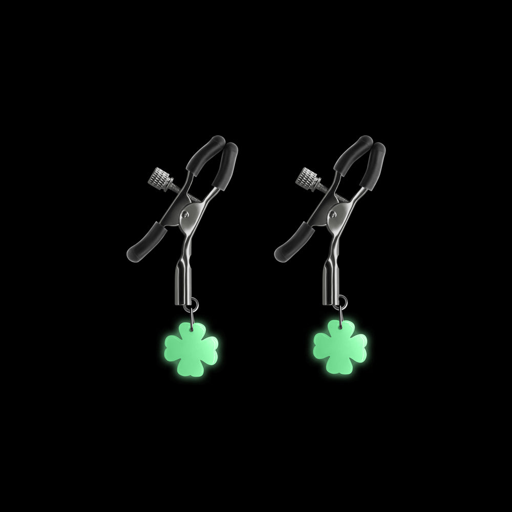 Bound Nipple Clamps G4 Gunmetal featuring adjustable design and glowing green clover charms for enhanced sensitivity.