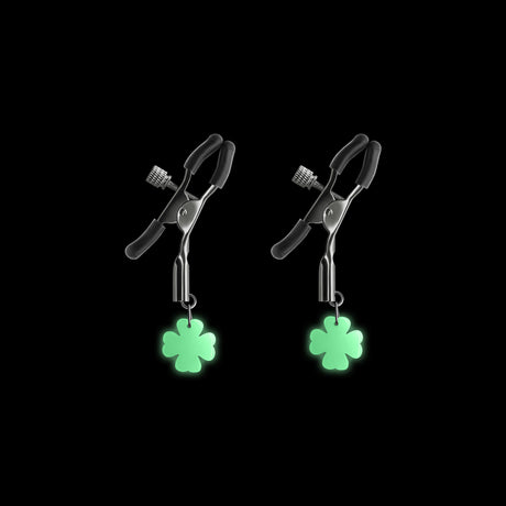 Bound Nipple Clamps G4 Gunmetal featuring adjustable design and glowing green clover charms for enhanced sensitivity.