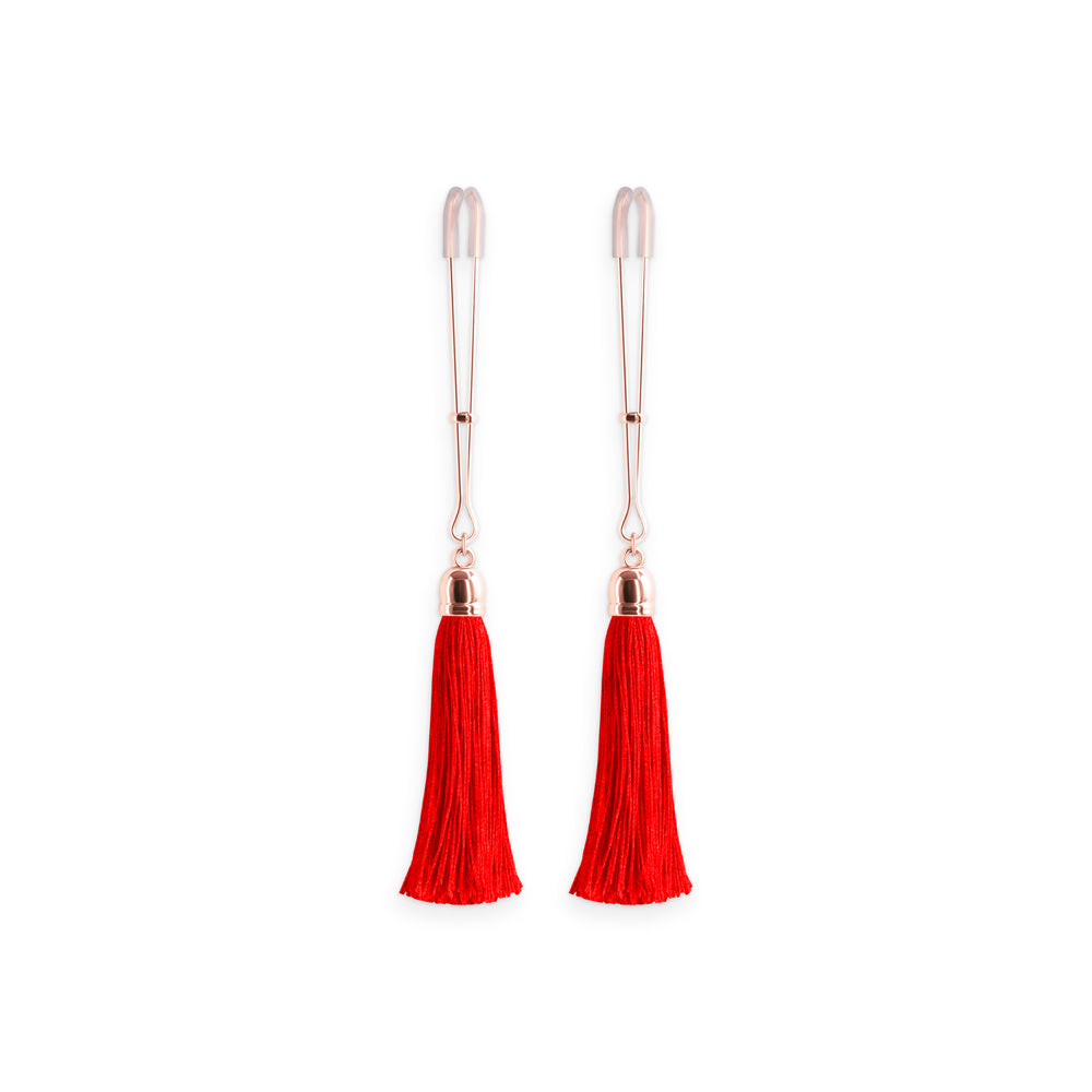 Bound Adjustable Nipple Clamps T1 Red with tassels, designed for stimulating sensations in nipple play.