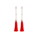 Bound Adjustable Nipple Clamps T1 Red with tassels, designed for stimulating sensations in nipple play.