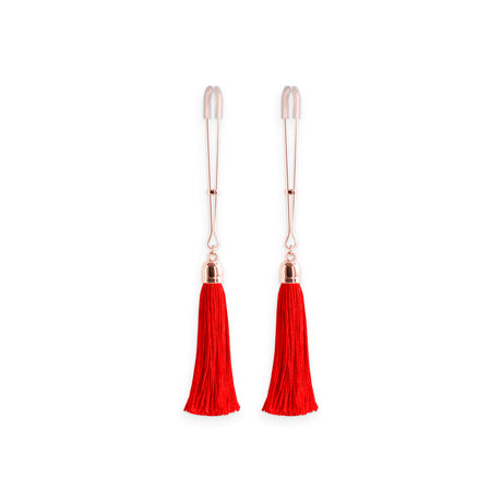 Bound Adjustable Nipple Clamps T1 Red with tassels, designed for stimulating sensations in nipple play.