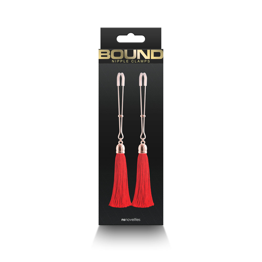 Bound Adjustable Nipple Clamps T1 Red in packaging featuring red tassels and silver clips for erotic play.