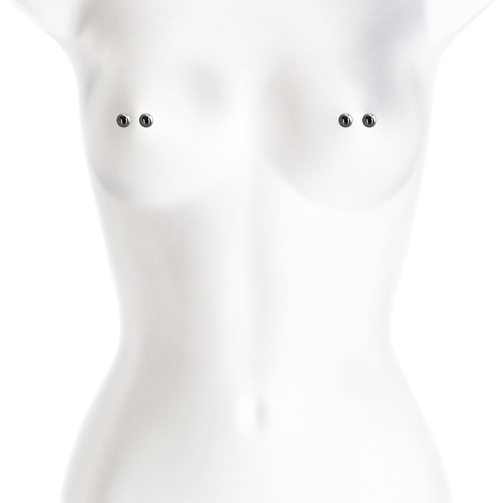 Bound Nipple Clamps M1 Gunmetal displayed on a mannequin, highlighting their sleek design and body-friendly materials.