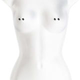 Bound Nipple Clamps M1 Gunmetal displayed on a mannequin, highlighting their sleek design and body-friendly materials.