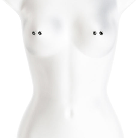 Bound Nipple Clamps M1 Gunmetal displayed on a mannequin, highlighting their sleek design and body-friendly materials.
