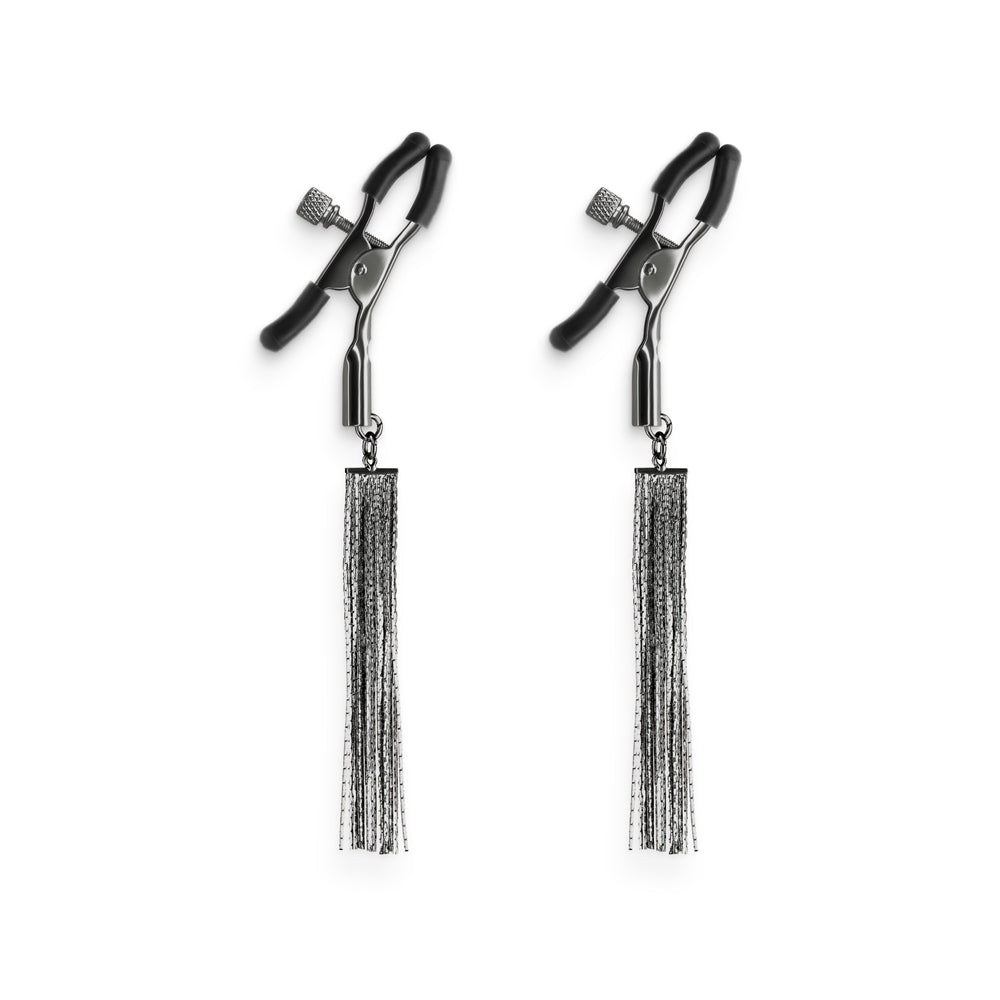 Bound Nipple Clamps D2 Gunmetal with tassels for sensual nipple play, adjustable for different intensity levels.