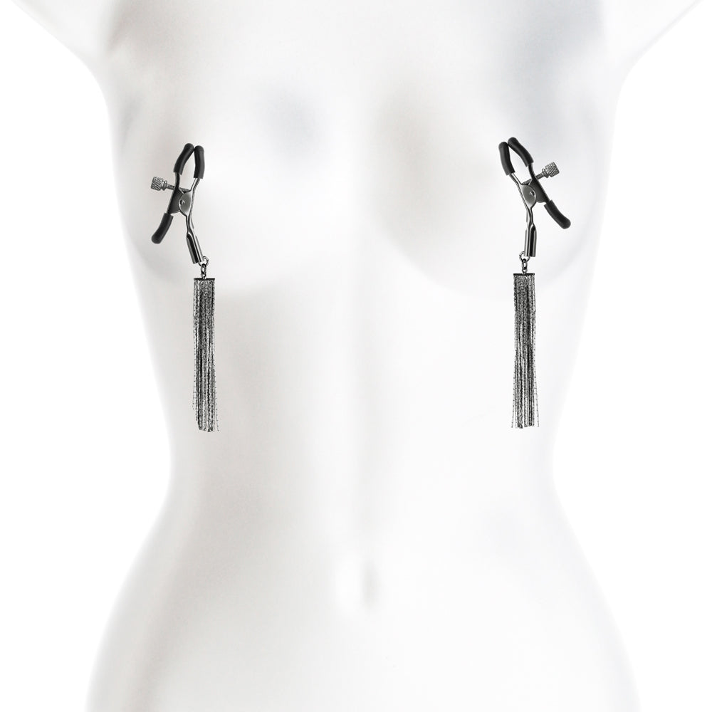 Bound Nipple Clamps D2 Gunmetal on a mannequin, showcasing adjustable intensity for nipple play.