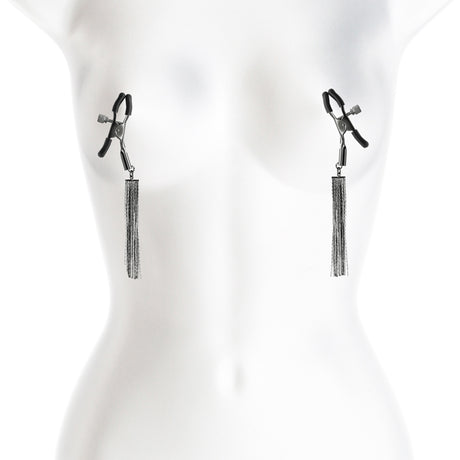 Bound Nipple Clamps D2 Gunmetal on a mannequin, showcasing adjustable intensity for nipple play.
