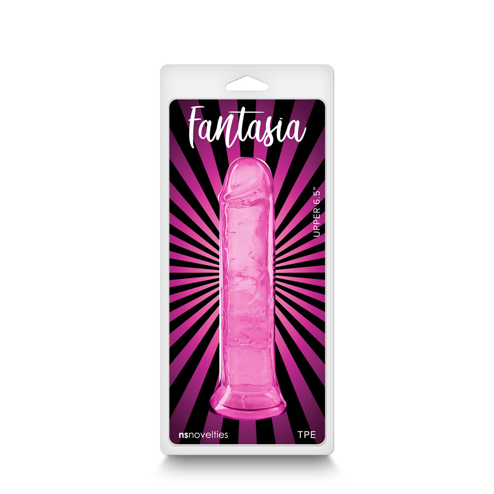 Fantasia Upper 6.5 inch Realistic Dildo Pink in packaging with black and pink striped background.